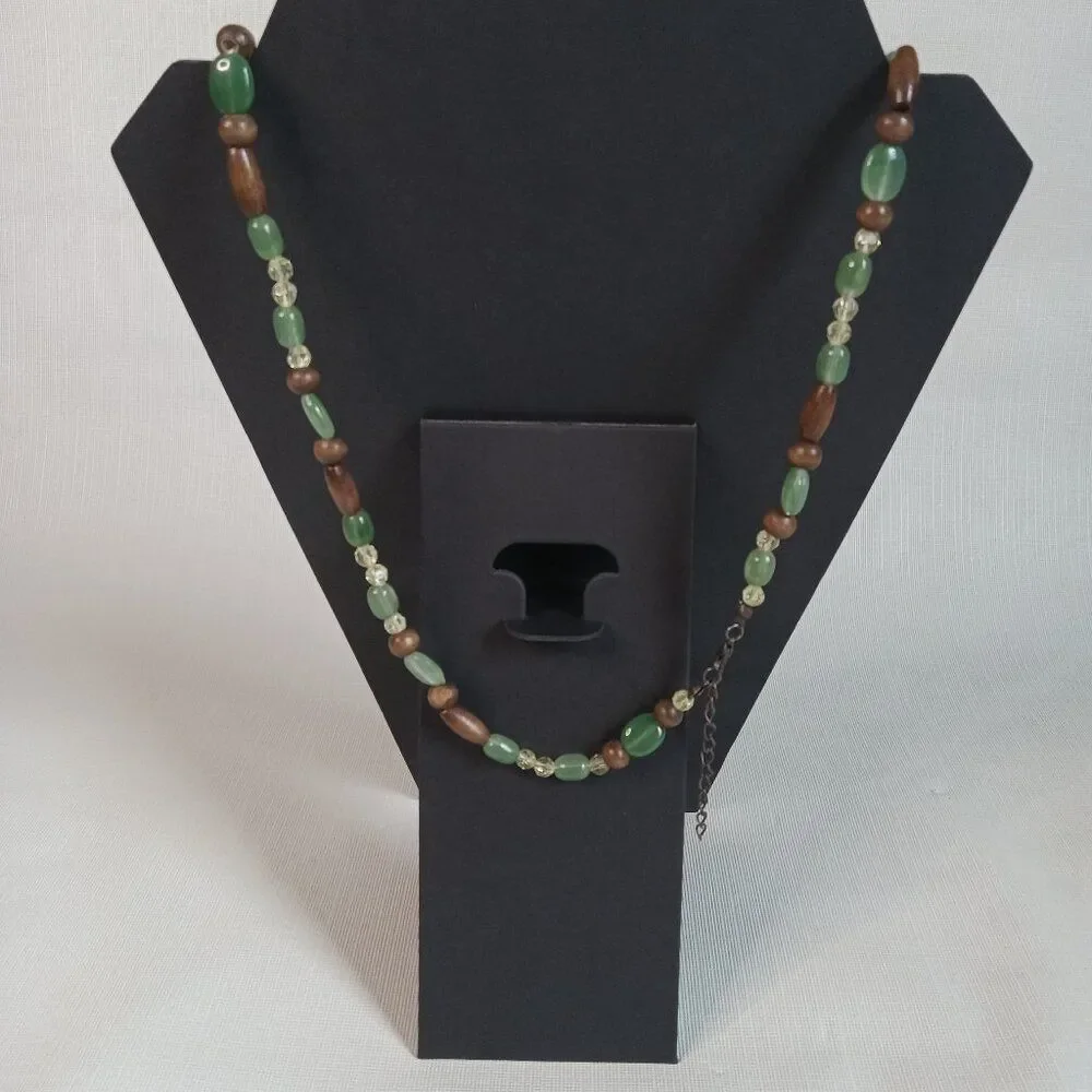Green and Brown Plastic with Wood Beaded Long Adjustable Single Strand Necklace